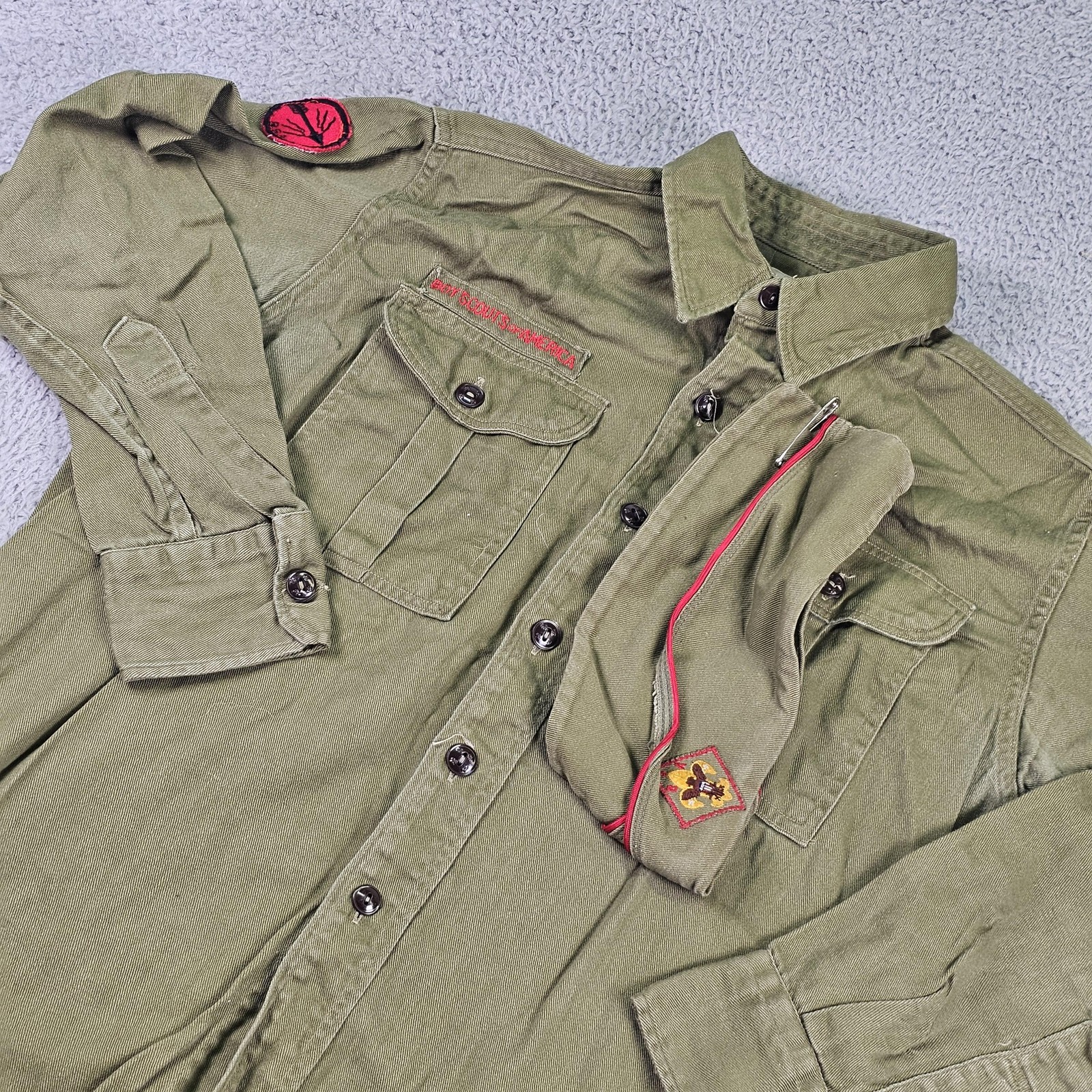 Vintage Boy Scouts Of America Uniform Shirt Hat Boys Medium Green Twill Patches