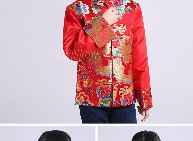 Chinese Tang Suit Red Clothing for Kids Boy Hanfu Top Dragon Print Party Stage