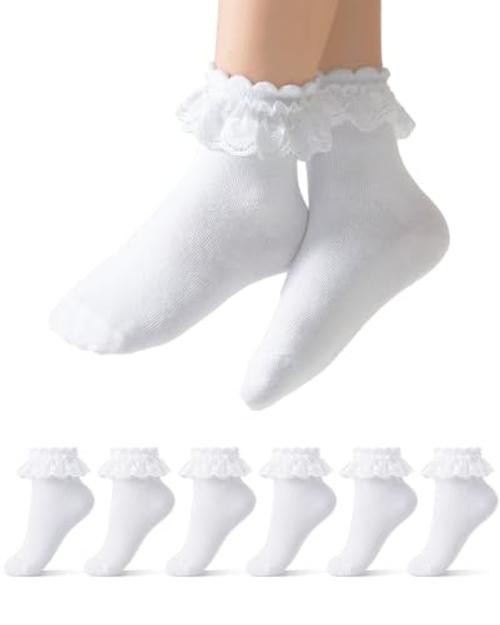 Funjoon Girls White Ruffle Socks Toddler Girls Lace 8-10 Years 6 Pack White