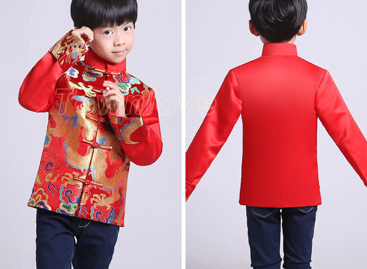 Chinese Tang Suit Red Clothing for Kids Boy Hanfu Top Dragon Print Party Stage