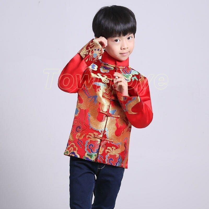 Chinese Tang Suit Red Clothing for Kids Boy Hanfu Top Dragon Print Party Stage