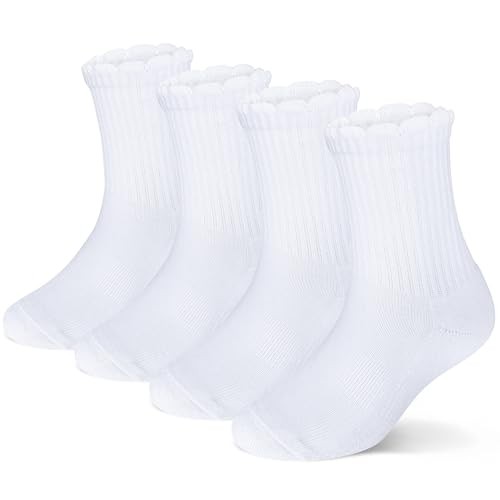 Ruffle Ankle Crew Socks School Uniform Dress Socks for 8-11 Years 4 Pairs White