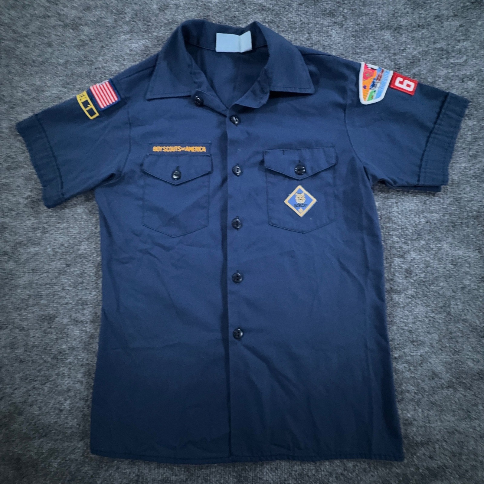 Vtg Boy Scouts of America Uniform Shirt Boys Large 14-16 Blue Patches Short