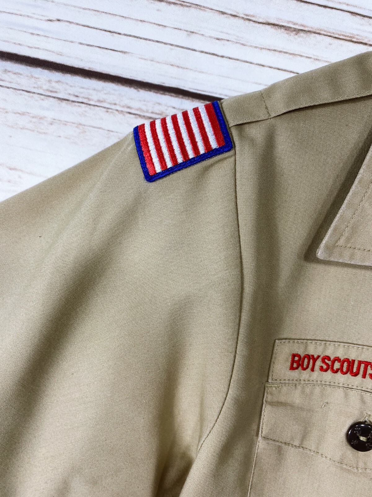 Boy Scouts Of America Boys Shirt Sz L Khaki Collared Button Up Pockets Official