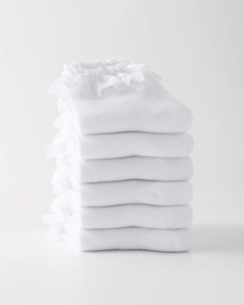 Funjoon Girls White Ruffle Socks Toddler Girls Lace 8-10 Years 6 Pack White