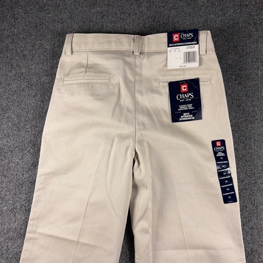 Chaps Pleated Front Pants Boys 12 Regular Cement Tan Schoolwear Adjustable Waist